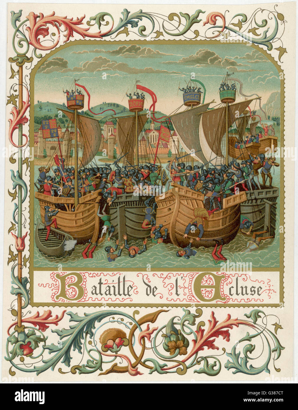 Les navires de guerre anglais et français bloqué en combat à Sluys (L'Ecluse) : presque toute la flotte française est détruite Date : 24 Juin 1340 Banque D'Images