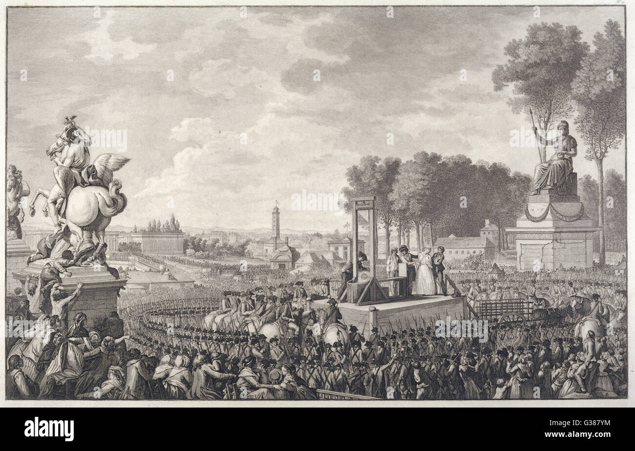 Marie-Antoinette, ex-reine de France, est guillotinée Place de la révolution (aujourd'hui Place de la Concorde) Date : 16 Octobre 1793 Banque D'Images