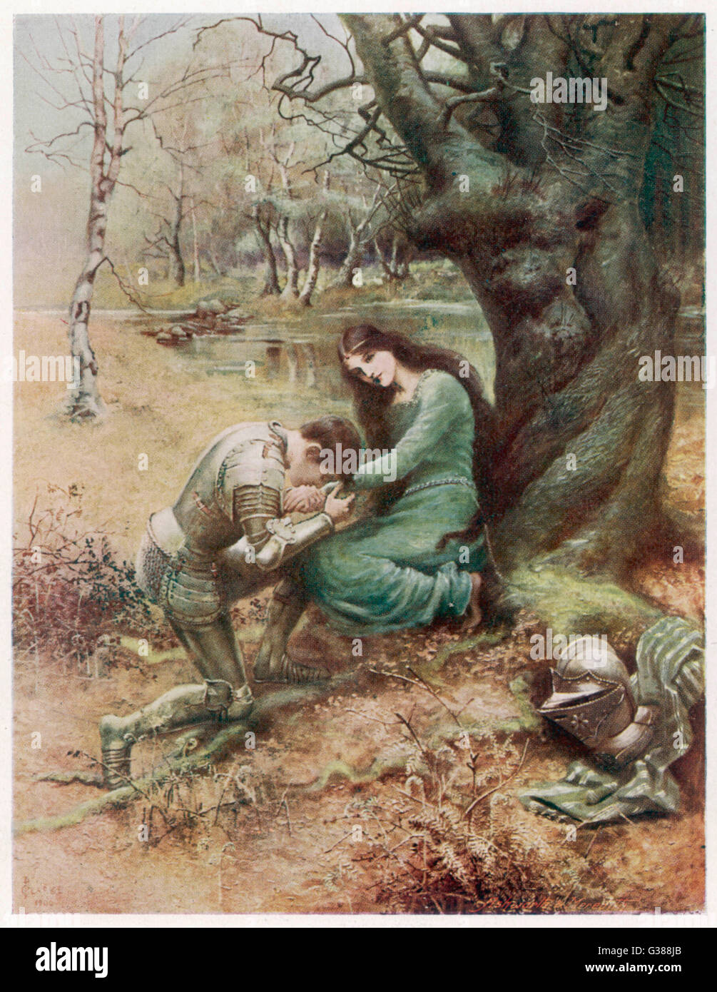 Un chevalier médiéval, avec son jeune amant, obtient vers le bas sur un genou... Date : Première publication : 1898 Banque D'Images