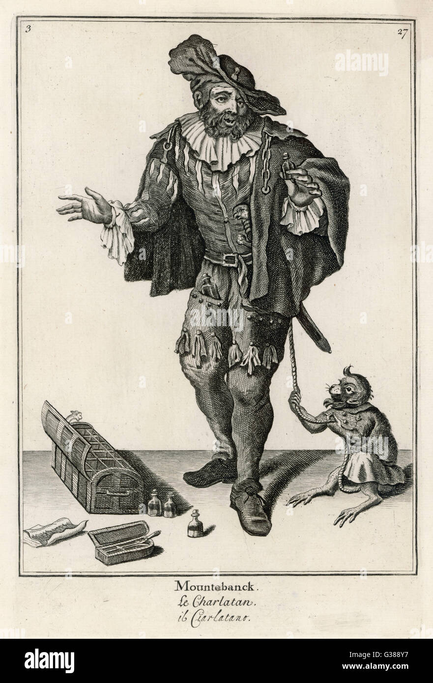 Mountebanck ou Charlatan ou Ciarlatano avec les médicaments et le singe assistant Date : le 17e siècle Banque D'Images