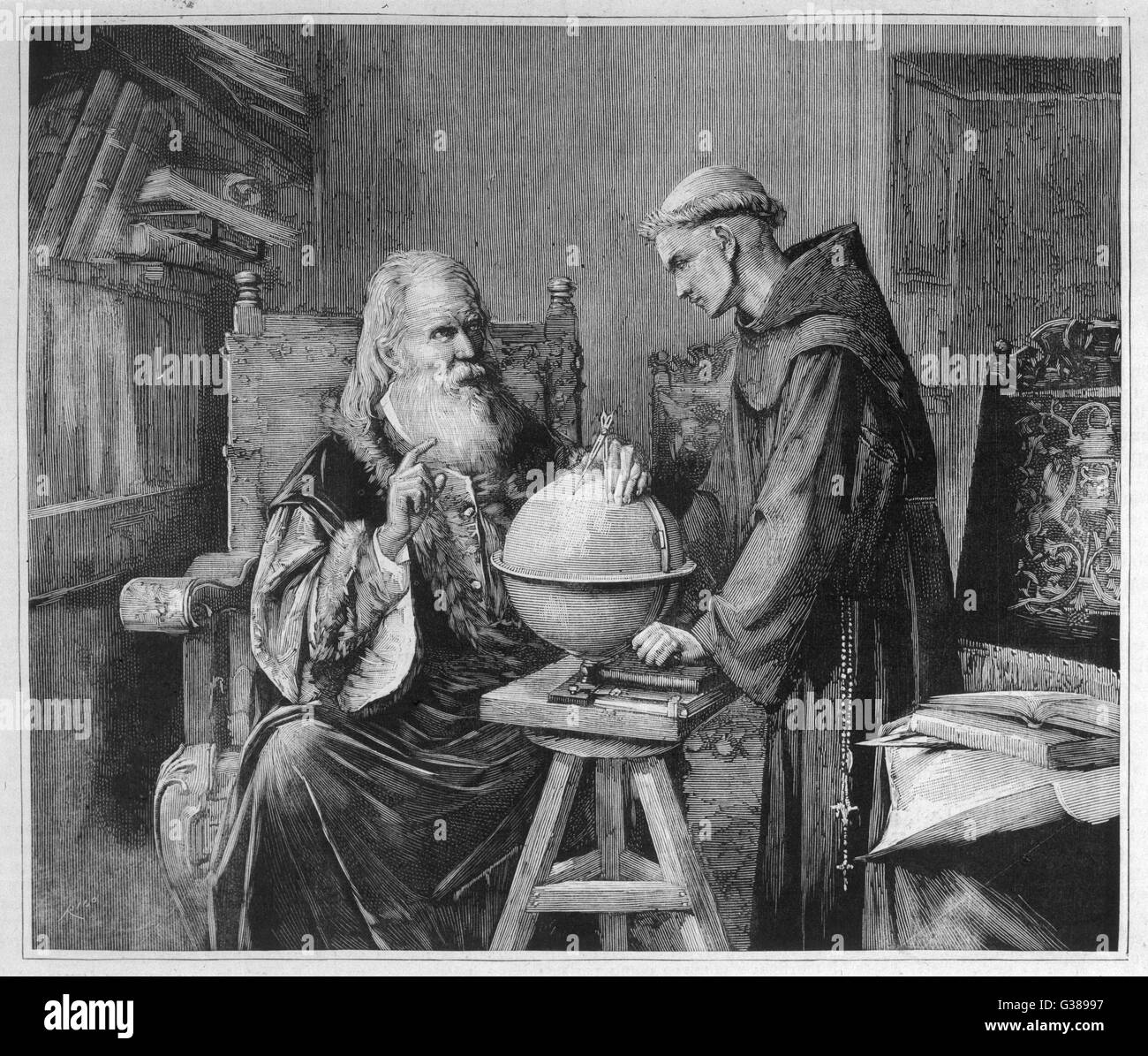 Galilée démontre ses théories astronomiques à un moine qui n'est pas sûr du tout qu'il veut savoir... Date : 1564-1642 Banque D'Images