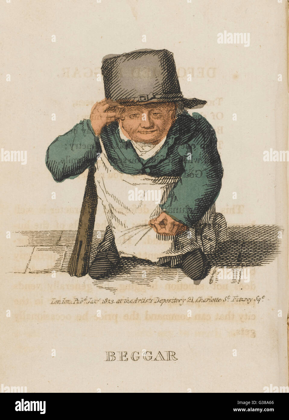 Le mendiant vend souvent déformé que la mendicité des plumes n'est pas sanctionné en Angleterre. Date : 1823 Banque D'Images