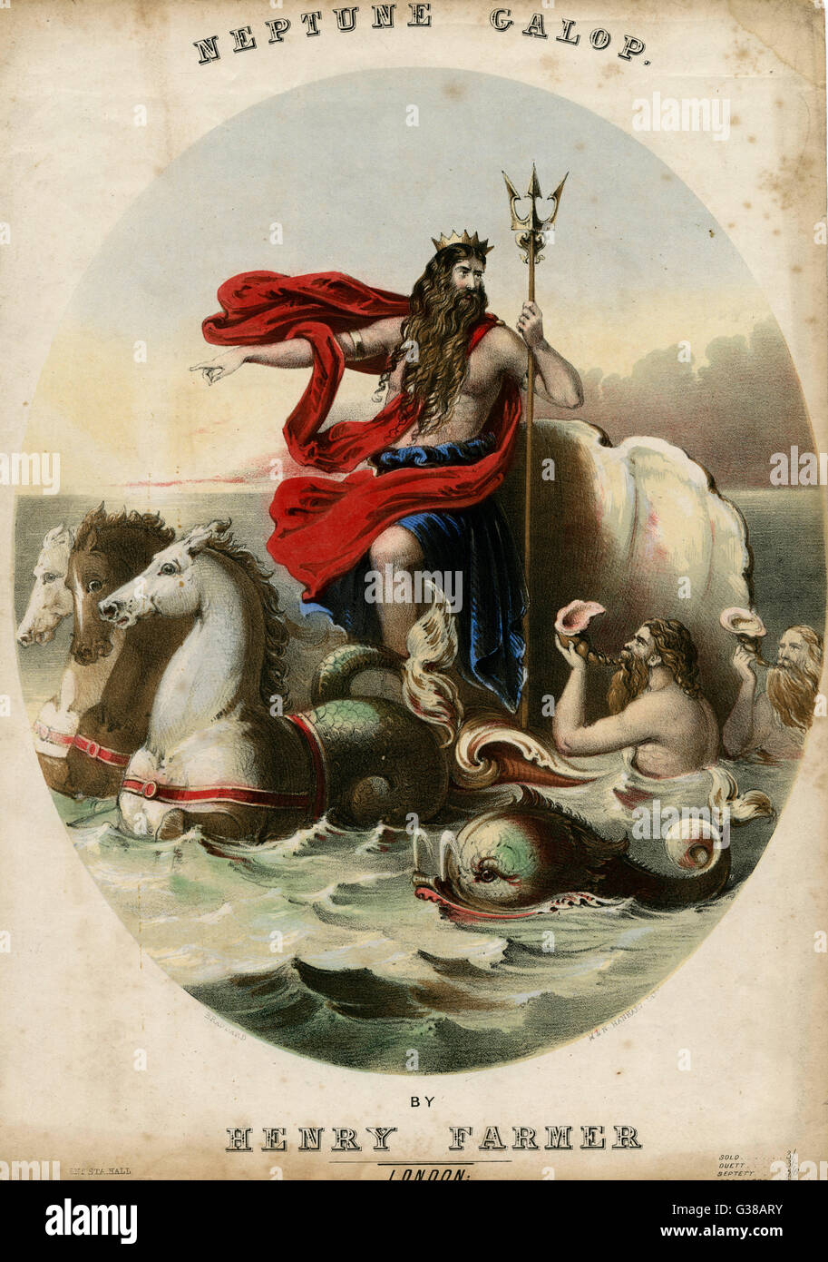 Équitation les vagues dans son cheval-, ont rendu hommage, sur un char tiré par des tritons comme il passe Date : vers 1860 Banque D'Images