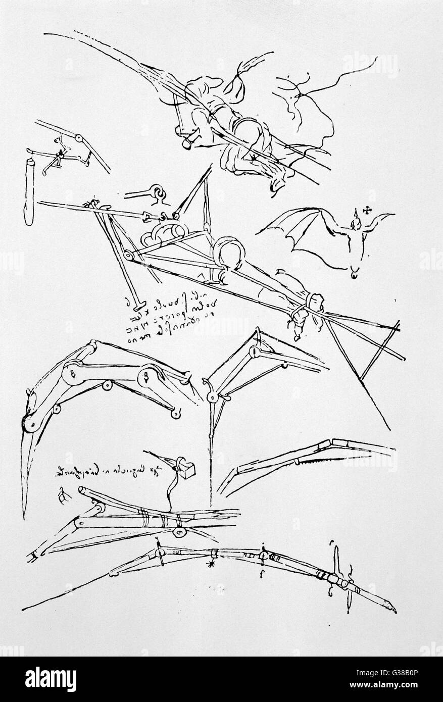 LEONARDO DA VINCI une page d'ébauches de machines volantes Date : vers 1500 Banque D'Images