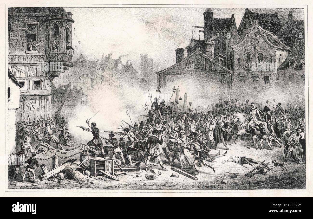 Les guerres de religion La Ligue catholique organise la "journée des barricades" à Paris, avec des combats de rues entre les parties opposées Date : 12 mai 1588 Banque D'Images