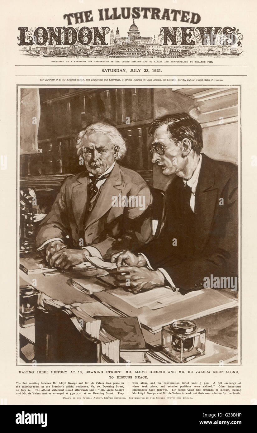 Leader irlandais de Valera et le premier ministre britannique Lloyd George se rencontrent à Downing Street, Londres, menant au traité de Londres qui a amené la paix pendant quelques mois... Date : 14 juillet 1921 Banque D'Images