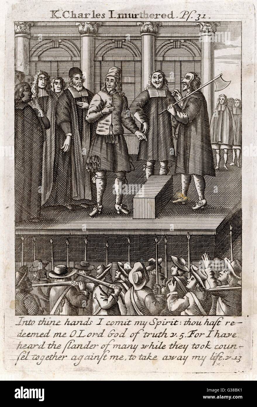 Charles se prépare à s'agenouiller devant le bourreau, qui porte un masque pour dissimuler son identité - ou ses sentiments Date : 30 Janvier 1649 Banque D'Images