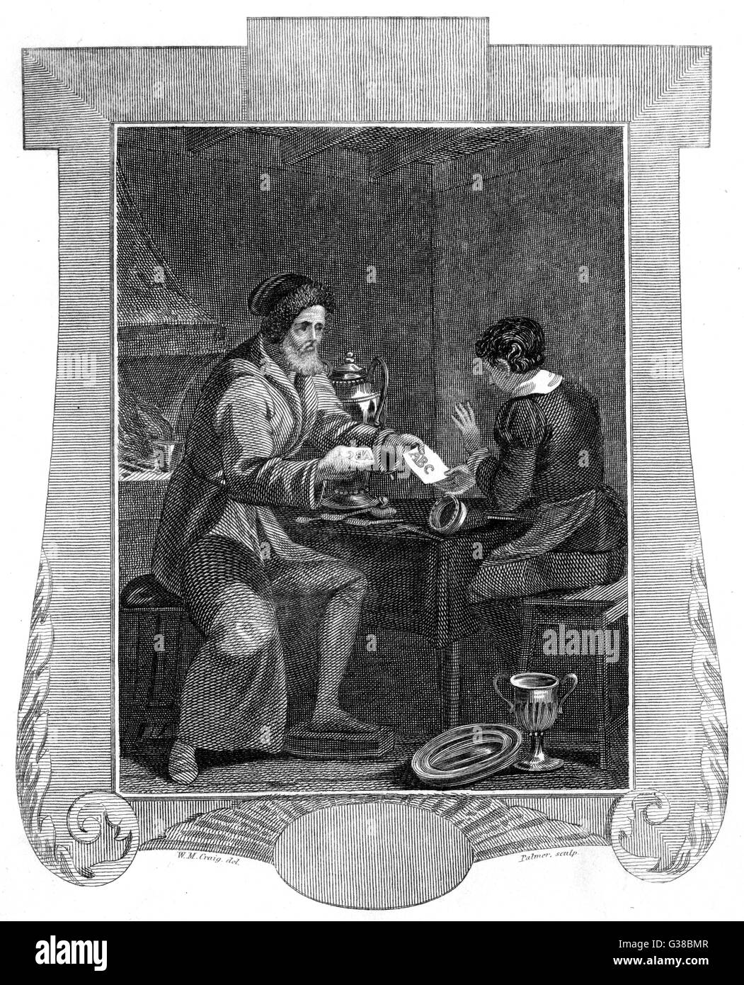 Le philosophe allemand Johann Faustus occulte était parfois crédité d'avoir inventé l'impression : ici il montre son épouse les lettres ABC imprimé à partir d'un bloc en bois Date : vers 1530 Banque D'Images
