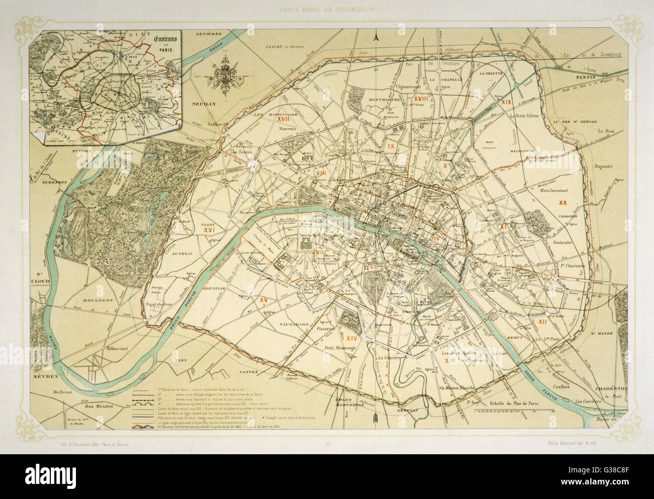 Carte montrant la croissance de Paris à partir de ses débuts pour les derniers projets sous Napoléon III Date : 1860 Banque D'Images