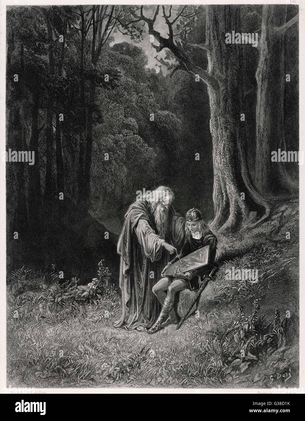 Les peintures de Merlin le blindage du jeune chevalier Vivien. Banque D'Images