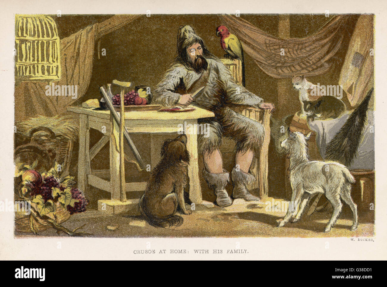 Robinson Crusoé avec sa famille d'animaux domestiqués. Date : Première publication : 1719 Banque D'Images