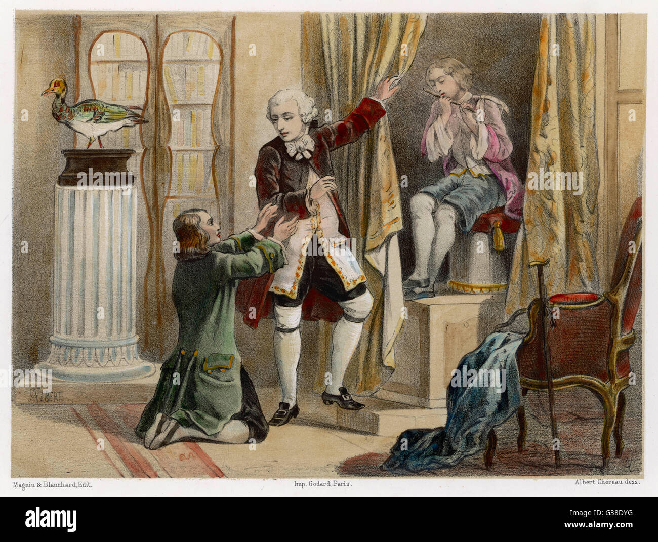 JACQUES DE VAUCANSON, inventeur français surprend son serviteur par un joueur de flûte mécanique Date : 1709 - 1782 Banque D'Images