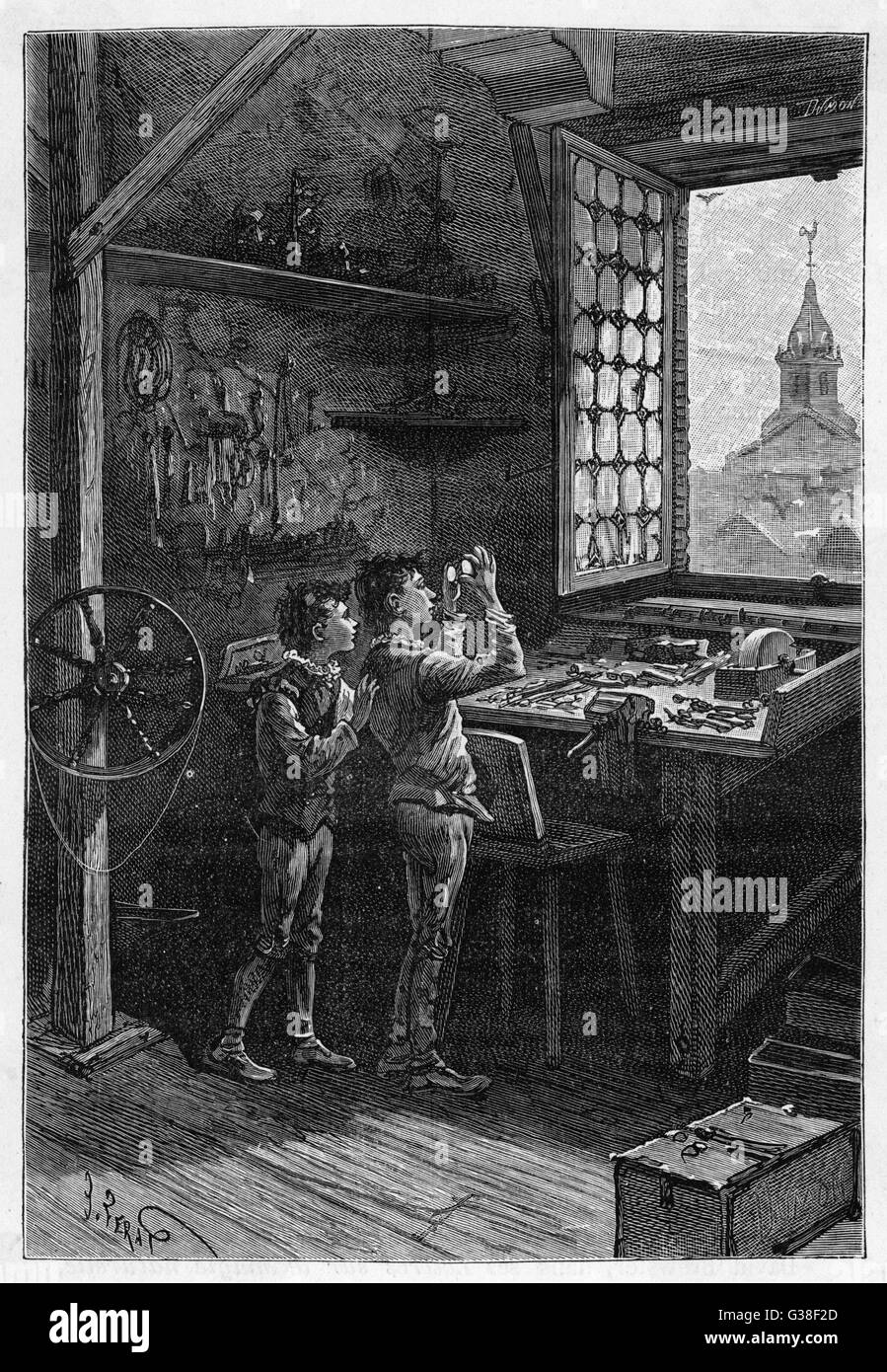 Le légendaire compte de l'invention du télescope : Hans Lippershey, jouant avec des objectifs, arriver à tenir deux d'entre eux ensemble - le reste est l'histoire Date : 1590 Banque D'Images