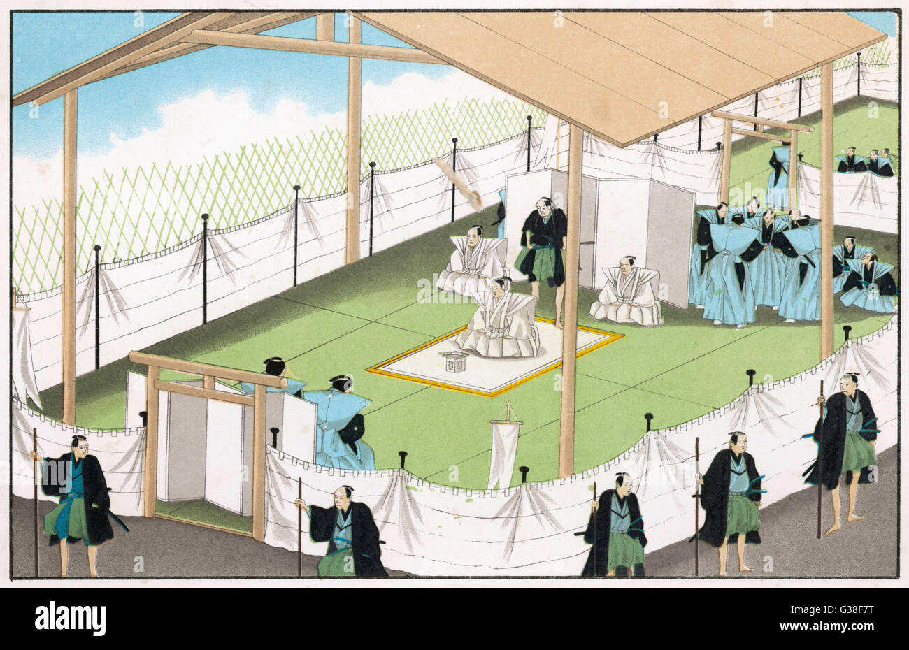 Un Japonais de haut rang se prépare à commettre hara-kiri, en fonction de l'étiquette officielle, gardé et observé Date : vers 1870 Banque D'Images