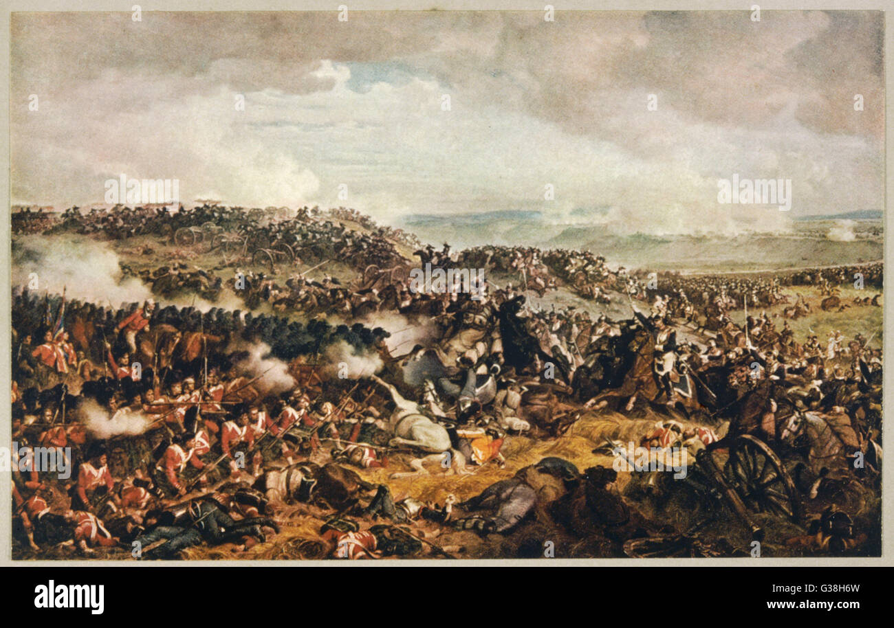 Bataille de Waterloo Le Highlanders forment un carré pour résister à la charge de la cavalerie de cuirassiers Français Date : 18 Juin 1815 Banque D'Images