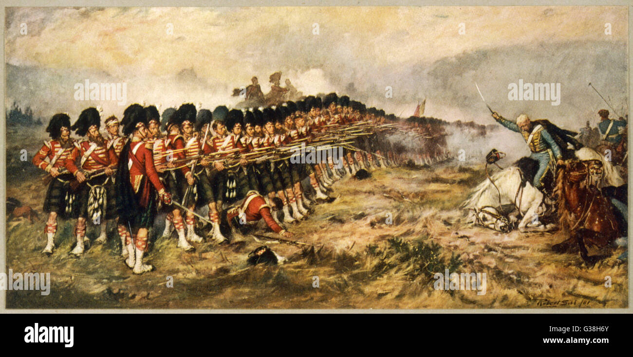 La "Thin Red Line" de la 93e Highlanders repousser la cavalerie russe Date : 25 Octobre 1854 Banque D'Images