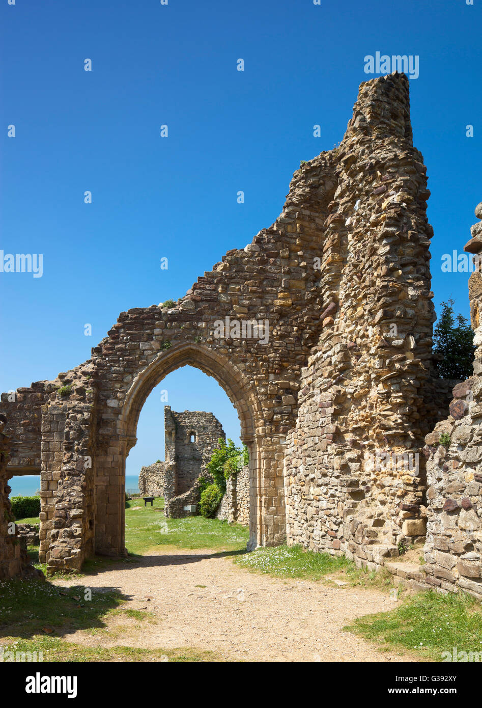 Ruines du château de Hastings. Banque D'Images