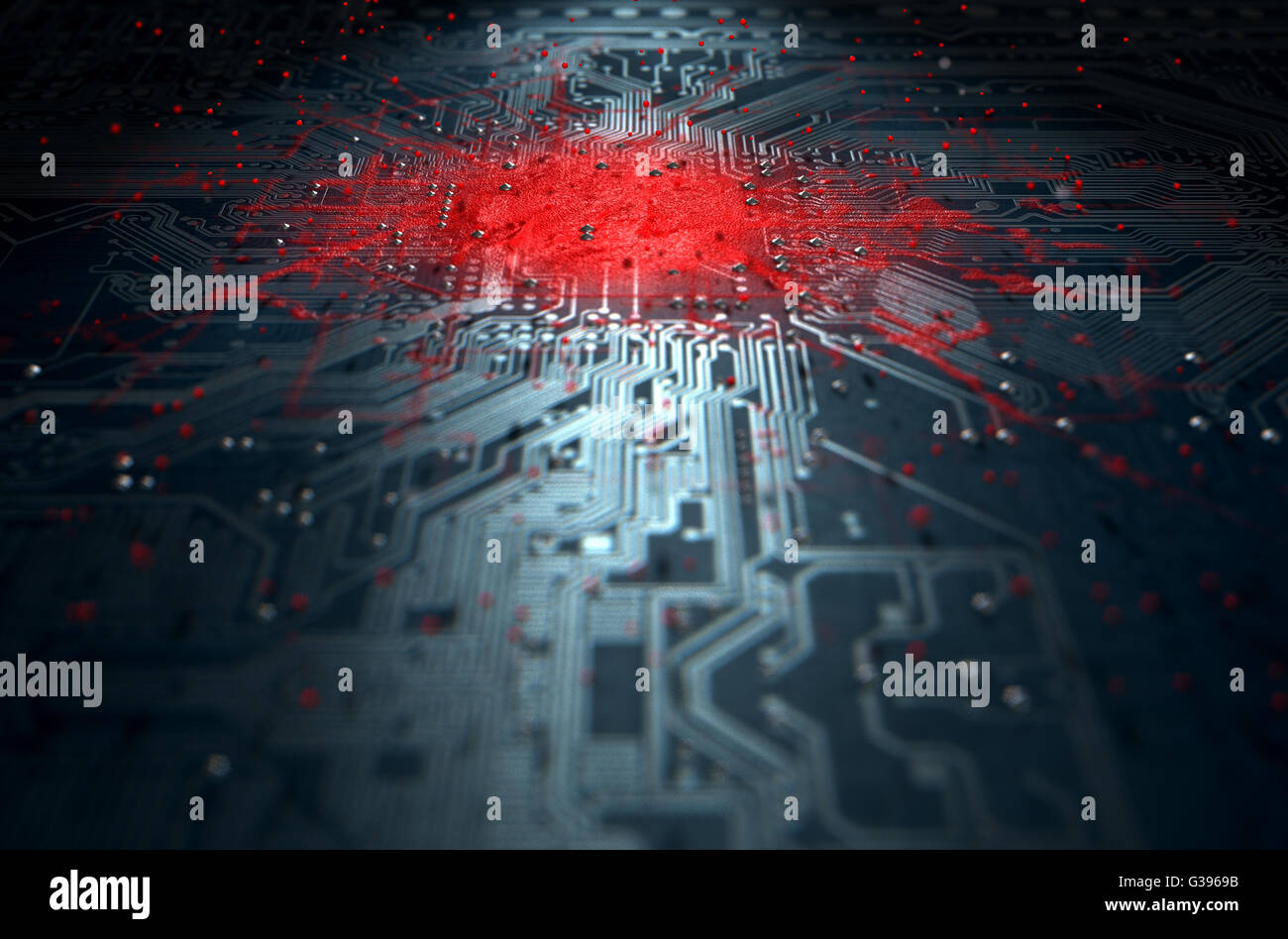 Un rendu 3D d'une vue macro d'une carte à circuits imprimés, d'un virus se répand l'infection apparente rouge du centre Banque D'Images