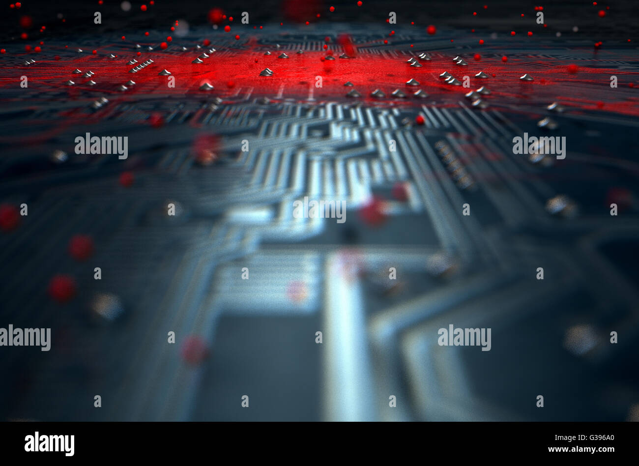 Un rendu 3D d'une vue macro d'une carte à circuits imprimés, d'un virus se répand l'infection apparente rouge du centre Banque D'Images