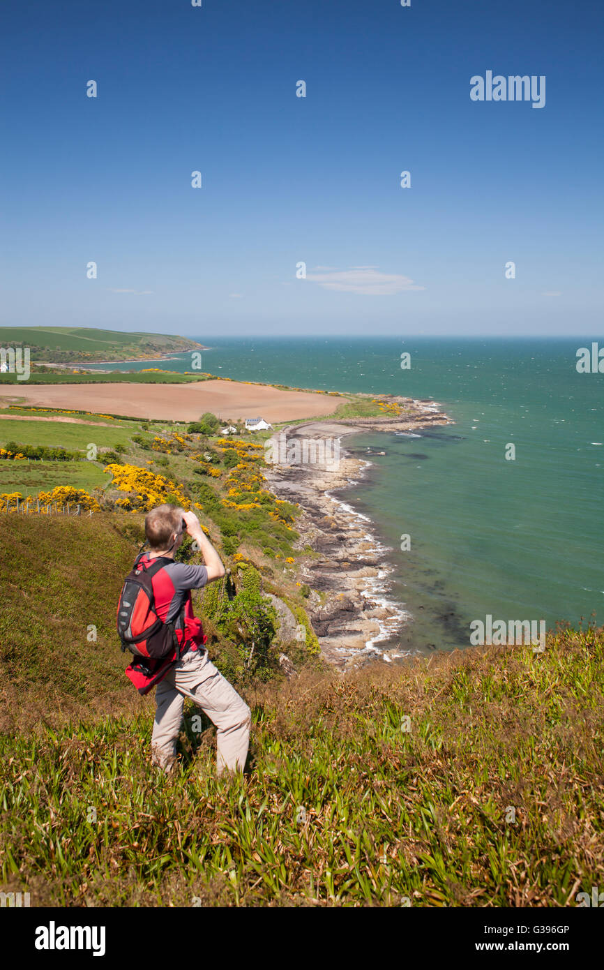 Walker d'été panoramique au-dessus le Loch Ryan à l'Rhinns of Galloway vers Lady Bay et Milleur Point. Banque D'Images