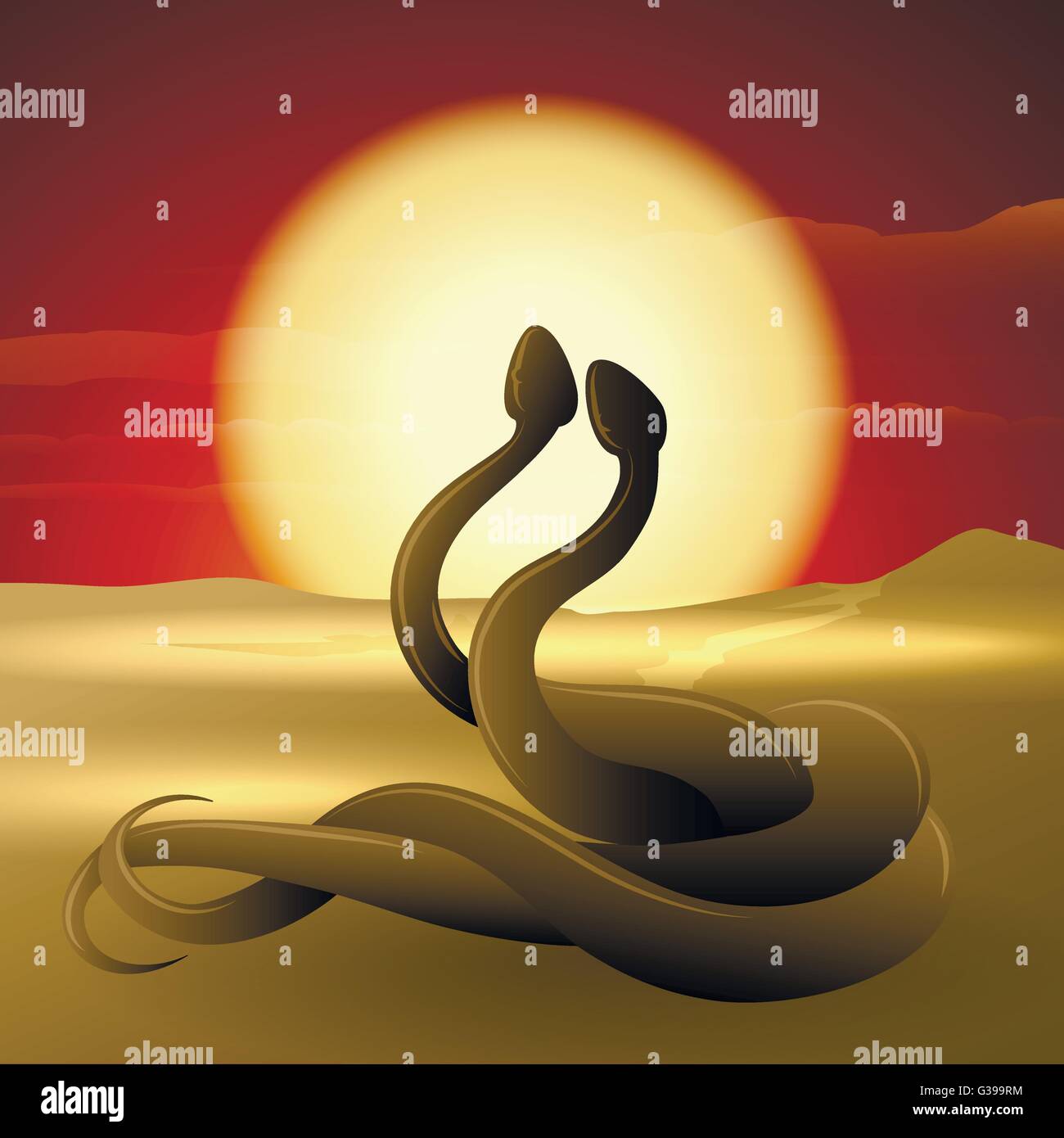 Deux serpents dansant sur une dune de sable contre le paysage au coucher du soleil. Illustration de Vecteur