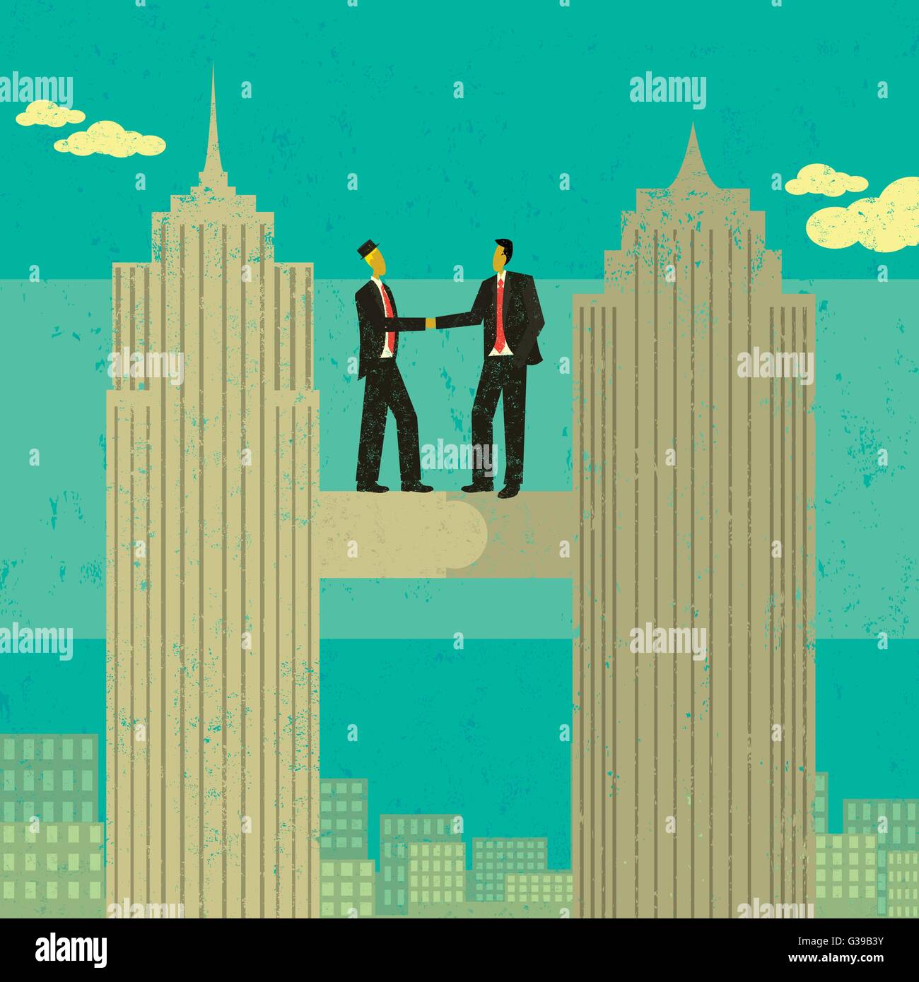Fusion des deux hommes d'une poignée de main après la fusion de leurs entreprises. Illustration de Vecteur
