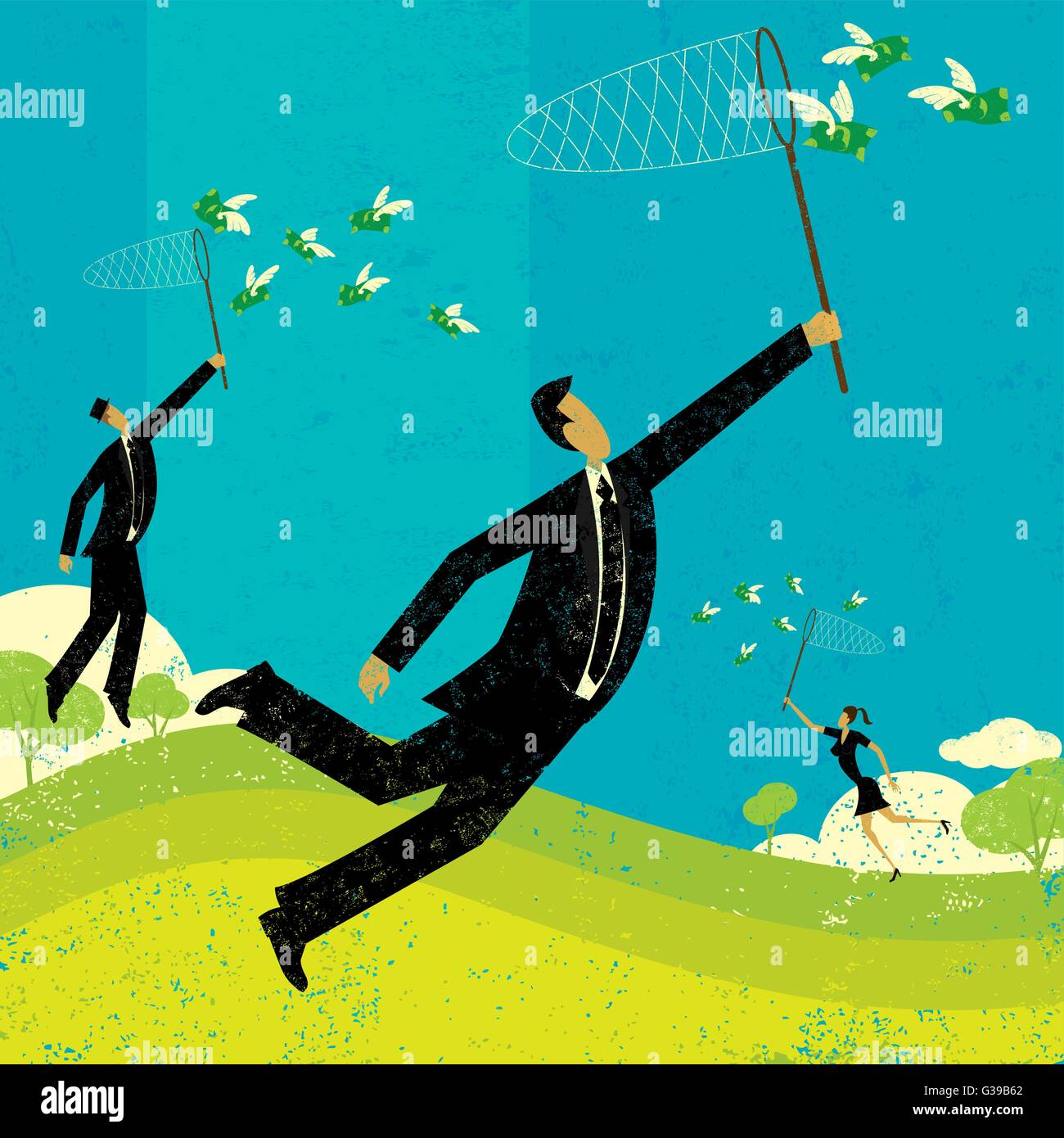 Chasser les gens d'affaires de dollars à la poursuite de l'argent vol avec filets à papillons. Illustration de Vecteur