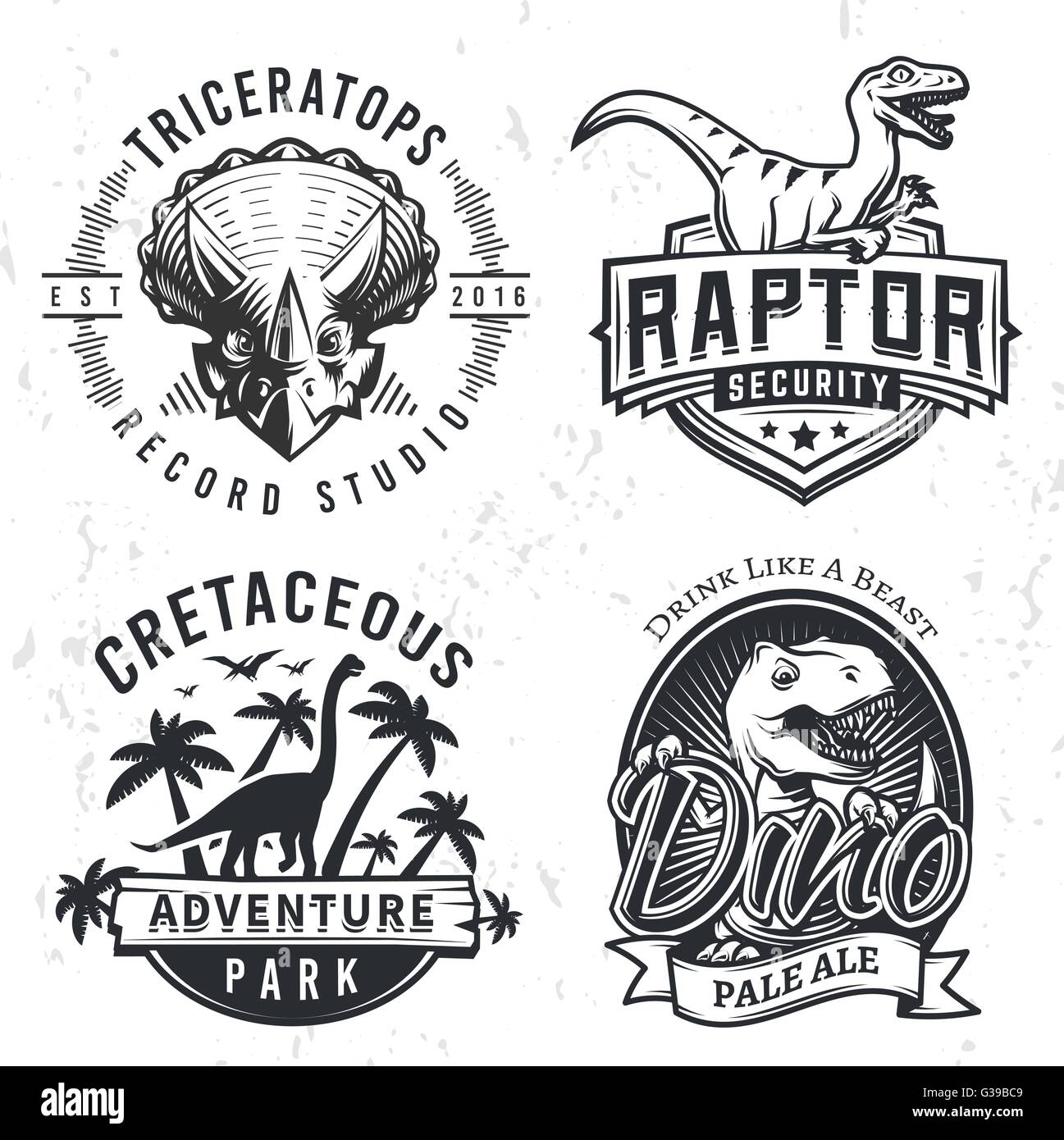 Ensemble de logos de Dino. Raptor t-shirt concept illustration sur grunge background. T-rex de la conception de l'étiquette de la bière. Vintage période jurassique badge. Illustration de Vecteur