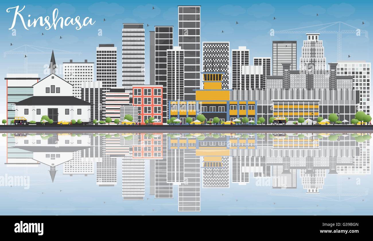 Toits de kinshasa avec les bâtiments gris, ciel bleu et réflexions. vector illustration. business concept Voyages et tourisme Illustration de Vecteur