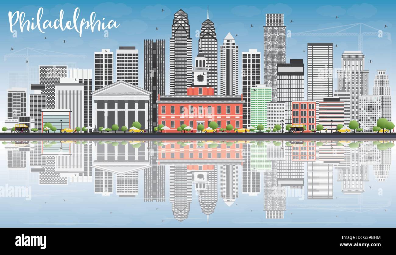 Philadelphia Skyline avec bâtiments gris, ciel bleu et des réflexions. Vector Illustration. Les voyages d'affaires et tourisme Concept Illustration de Vecteur