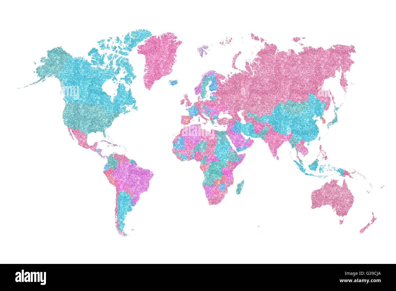 Carte du monde en rose et bleu scintillant et scintille Banque D'Images
