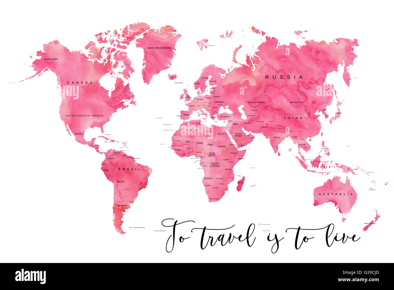 Carte du monde rempli d'effet aquarelle rose et des noms de pays, avec la "voyager c'est vivre' Banque D'Images