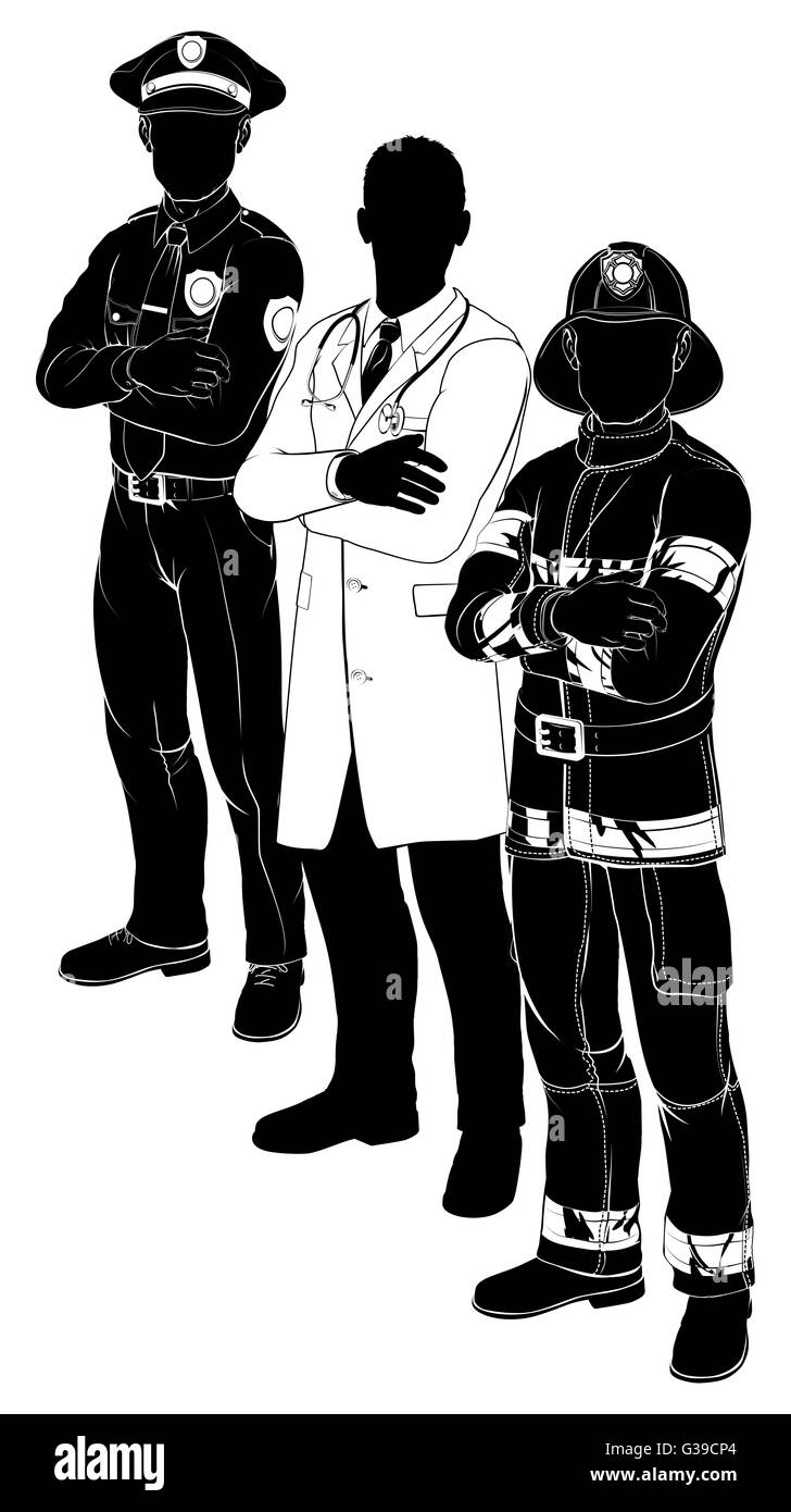 Les services de secours d'urgence Silhouette avec l'équipe des travailleurs policier, pompier et médecin Banque D'Images Les services de secours d'urgence Silhouette avec l'équipe des travailleurs policier, pompier et médecin Banque D'Images