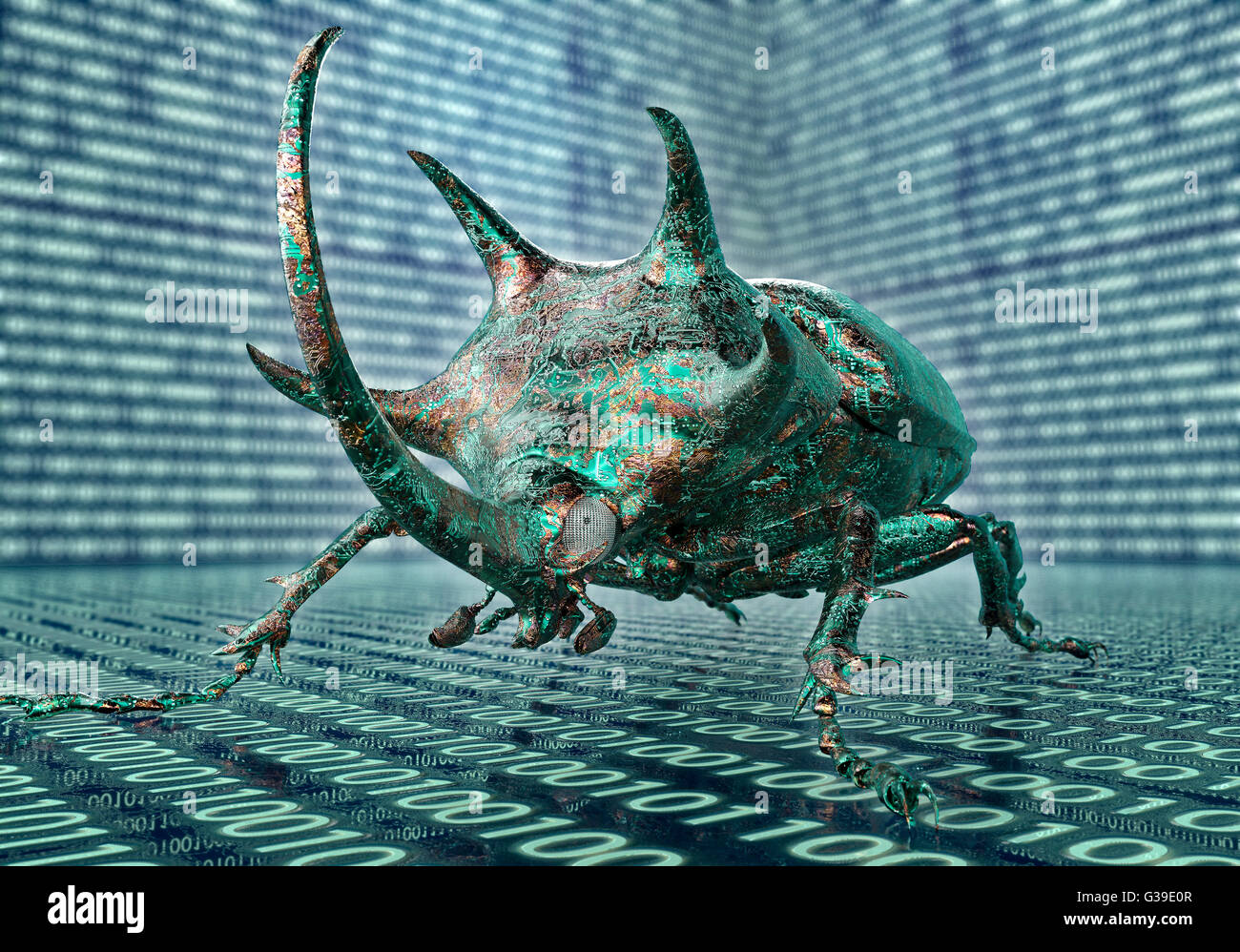 Concept de sécurité numérique bug informatique en environnement électronique, 3D illustration. Banque D'Images
