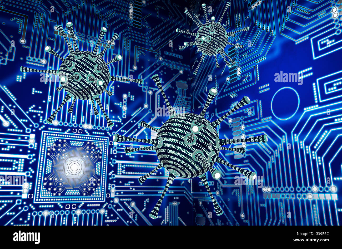 Concept de sécurité numérique virus informatique dans l'environnement électronique, 3D illustration Banque D'Images