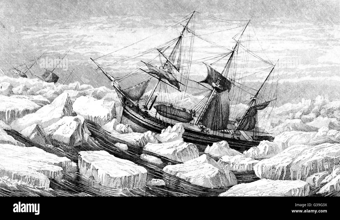 La "Erebus" et "terrorisme" de la banquise, dans des conditions de vent, au large de la barrière de glace du pôle Sud, au cours de James Ross's 1839-1843 expédition Antarctique Date : Janvier 1842 Banque D'Images