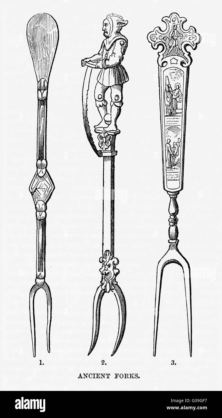 Une fourchette de c. 8ème-9ème siècle (à gauche) - British. Une fourche allemand du 16e siècle surmonté d'un bouffon qui figure (centre). Une fourchette d'argent c.1650 (à droite). Banque D'Images