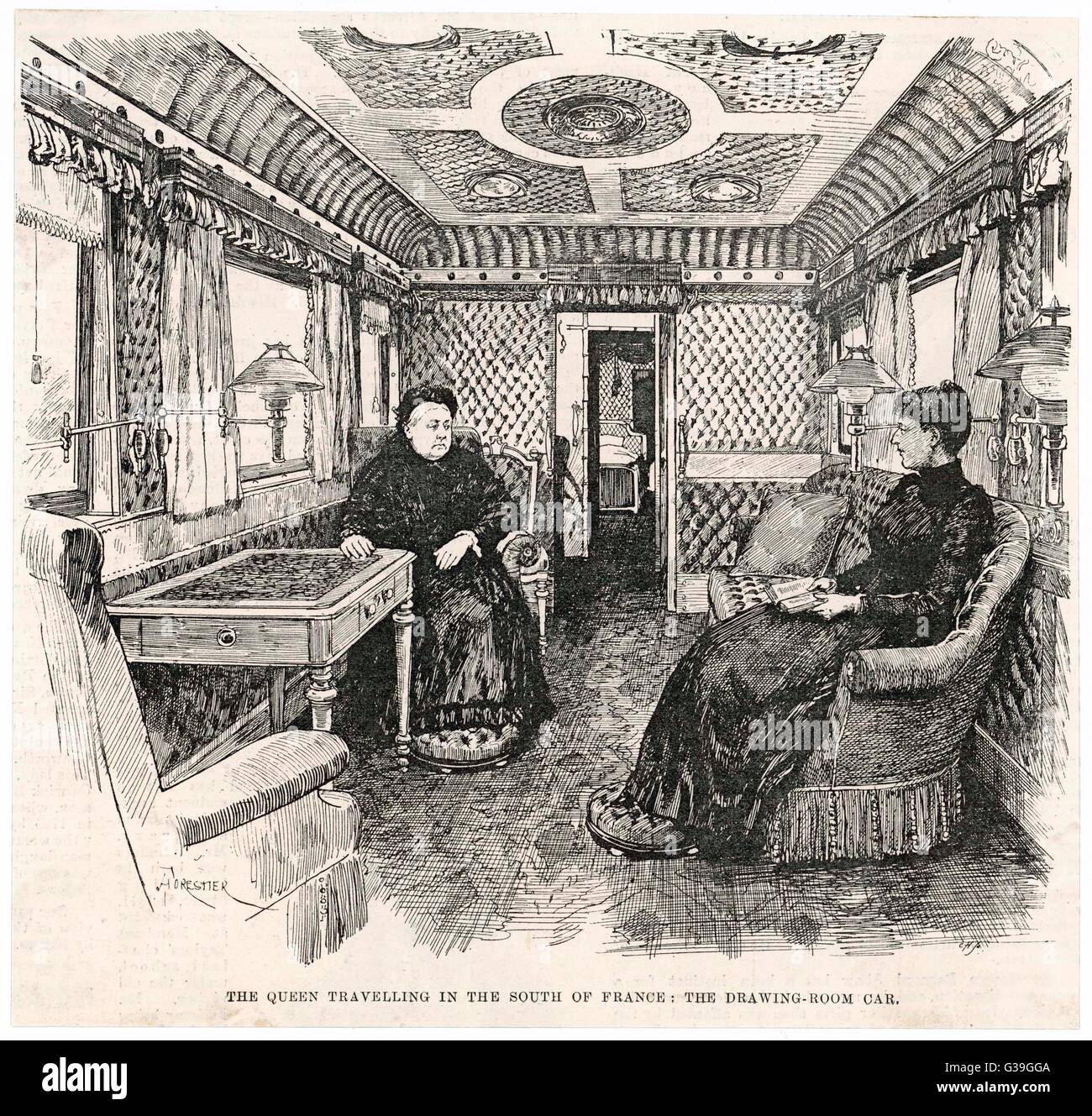 La reine Victoria en tournée dans le sud de la France : le salon de voiture son fer Date : 1892 Banque D'Images