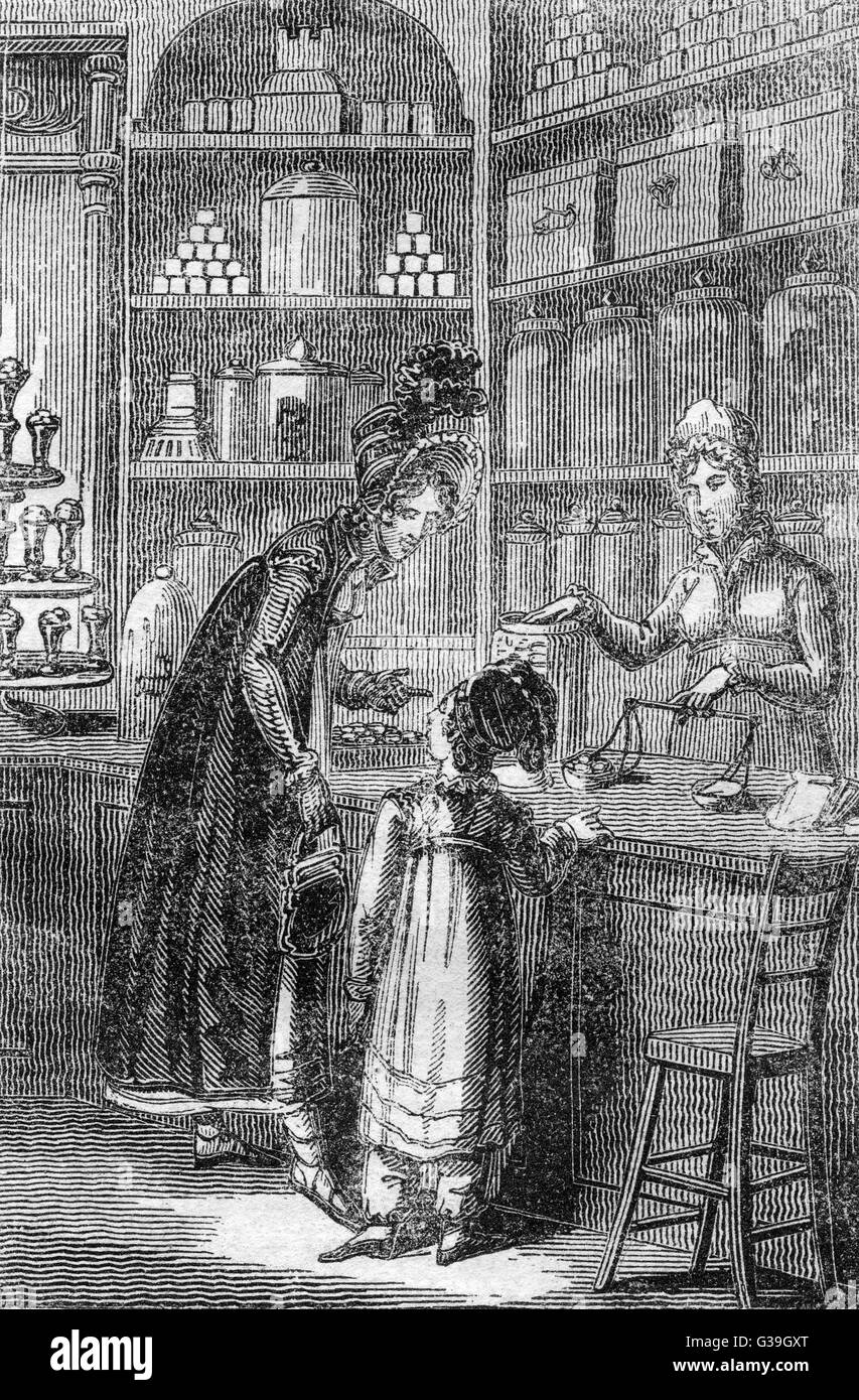 Une jeune mère bien-off butin sa petite fille avec des sucreries ; la boutique vend aussi des gelées, confitures de prunes et de sucre etc. Date : 1827 Banque D'Images