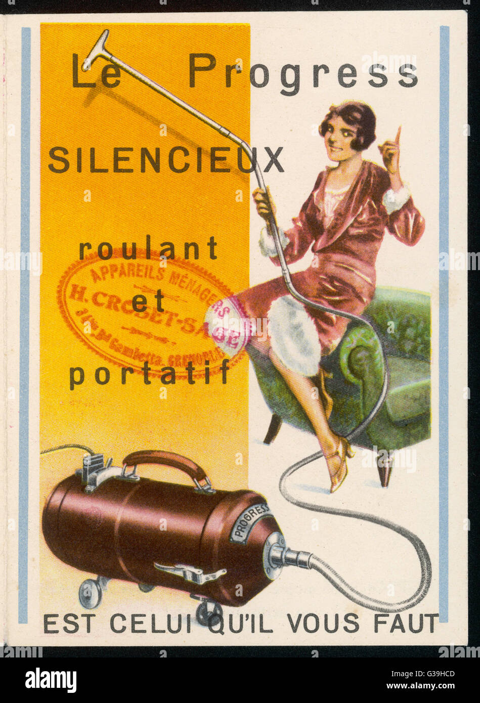 La femme au foyer française avec cette aspirateur qui, comme l'annonce le  dit, elle avait juste à avoir Date : 1920 Photo Stock - Alamy