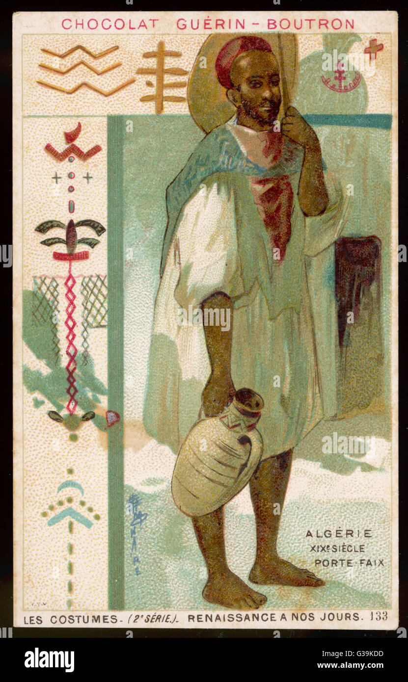 Un homme algérien en tunique blanche et red hat, portant une cruche d'eau  ou d'huile Date : 19e siècle Photo Stock - Alamy