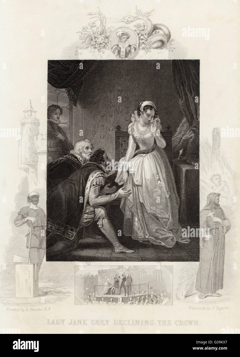 Lady Jane Grey la baisse de la couronne. Elle est devenue reine de neuf jours, mais fut décapité à la Tour de Londres lorsque Marie Tudor a pris la couronne. Date : 8 juillet 1553 Banque D'Images