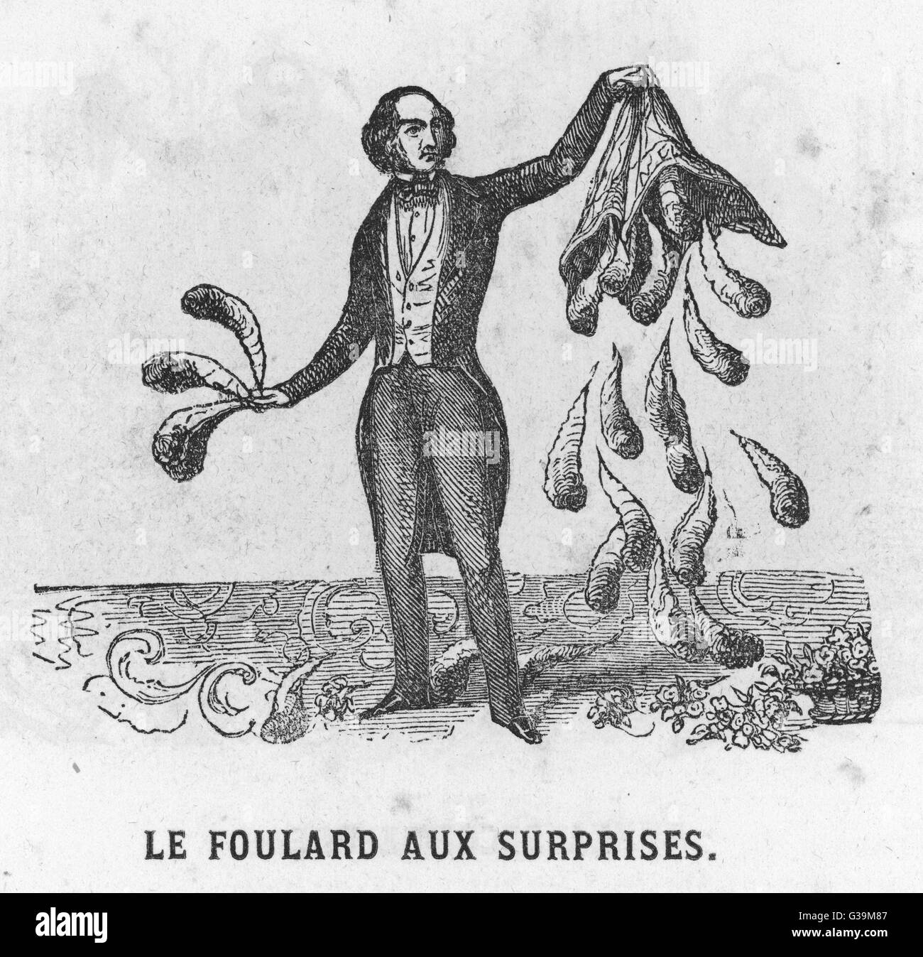 L'écharpe - Foulard - un simple mais lorsqu'Houdin lui donne une secousse, il s'avère avoir été plein de plumes ! Date : 1840 Banque D'Images