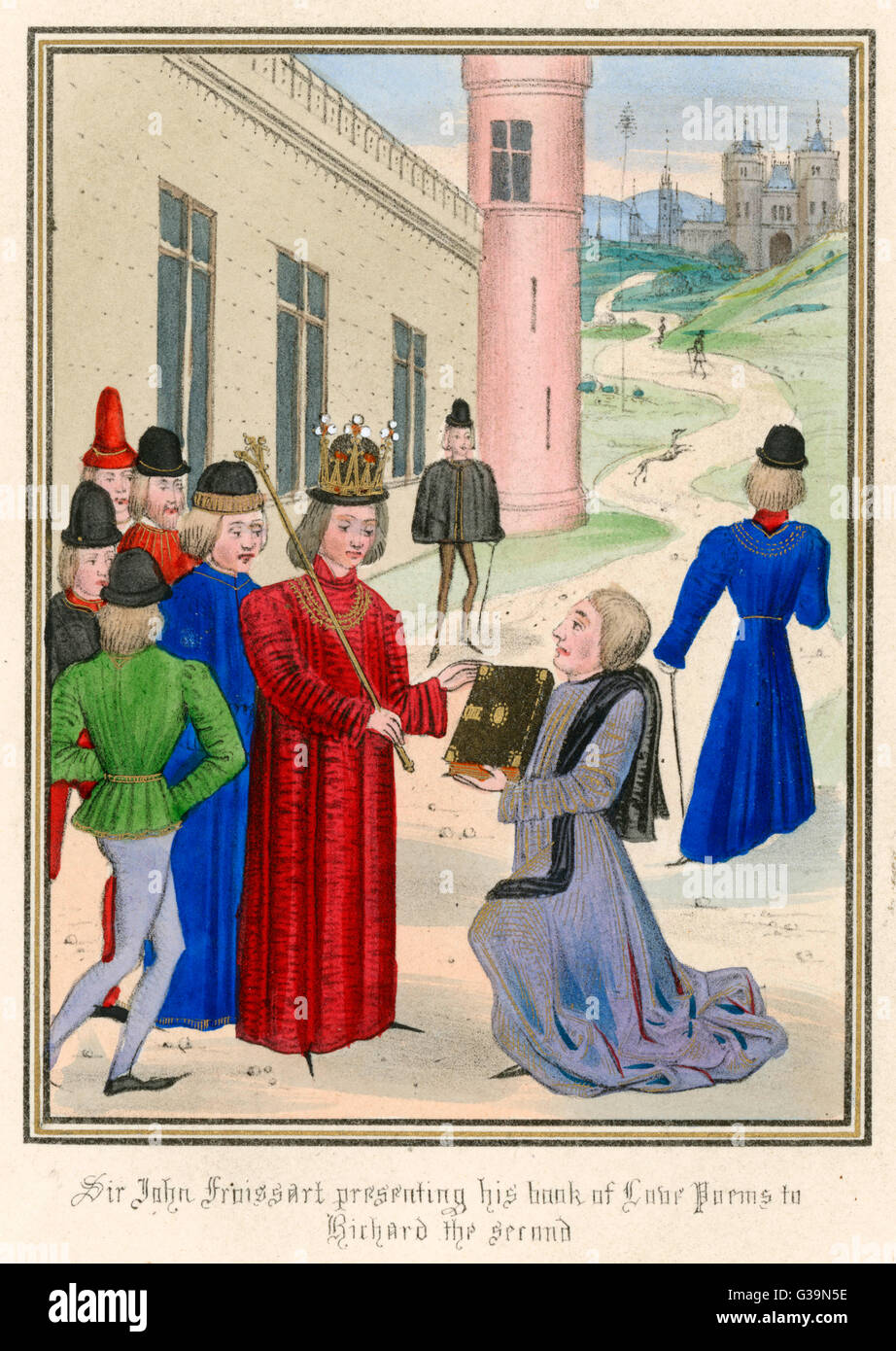 Froissart présente son livre de poèmes d'amour, 'La Romance de Meliador" de Richard II, à son retour en Angleterre après une absence de vingt-cinq ans Date : 1395 Banque D'Images