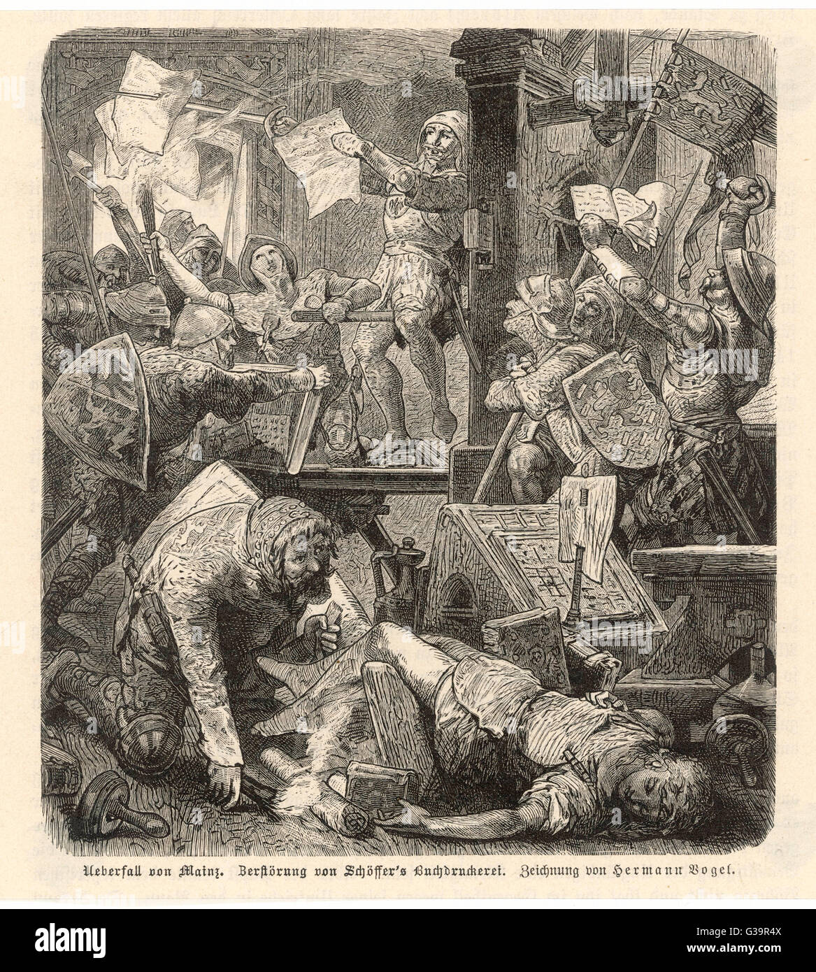 La capture de Mayence et la destruction de l'imprimerie de Peter Schoeffer Date : 1462 Banque D'Images