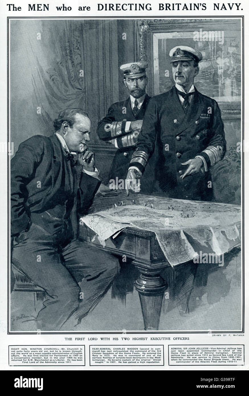 WINSTON CHURCHILL En tant que premier lord de l'Amirauté, discuter stratégie avec Madden et Jellicoe. Date : Août 1914 Banque D'Images