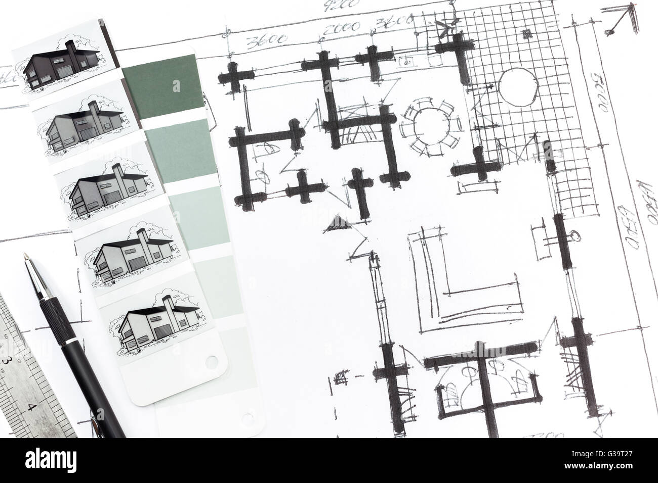 Échantillons de couleur et dessin à la main. La planification de l'architecture. Banque D'Images