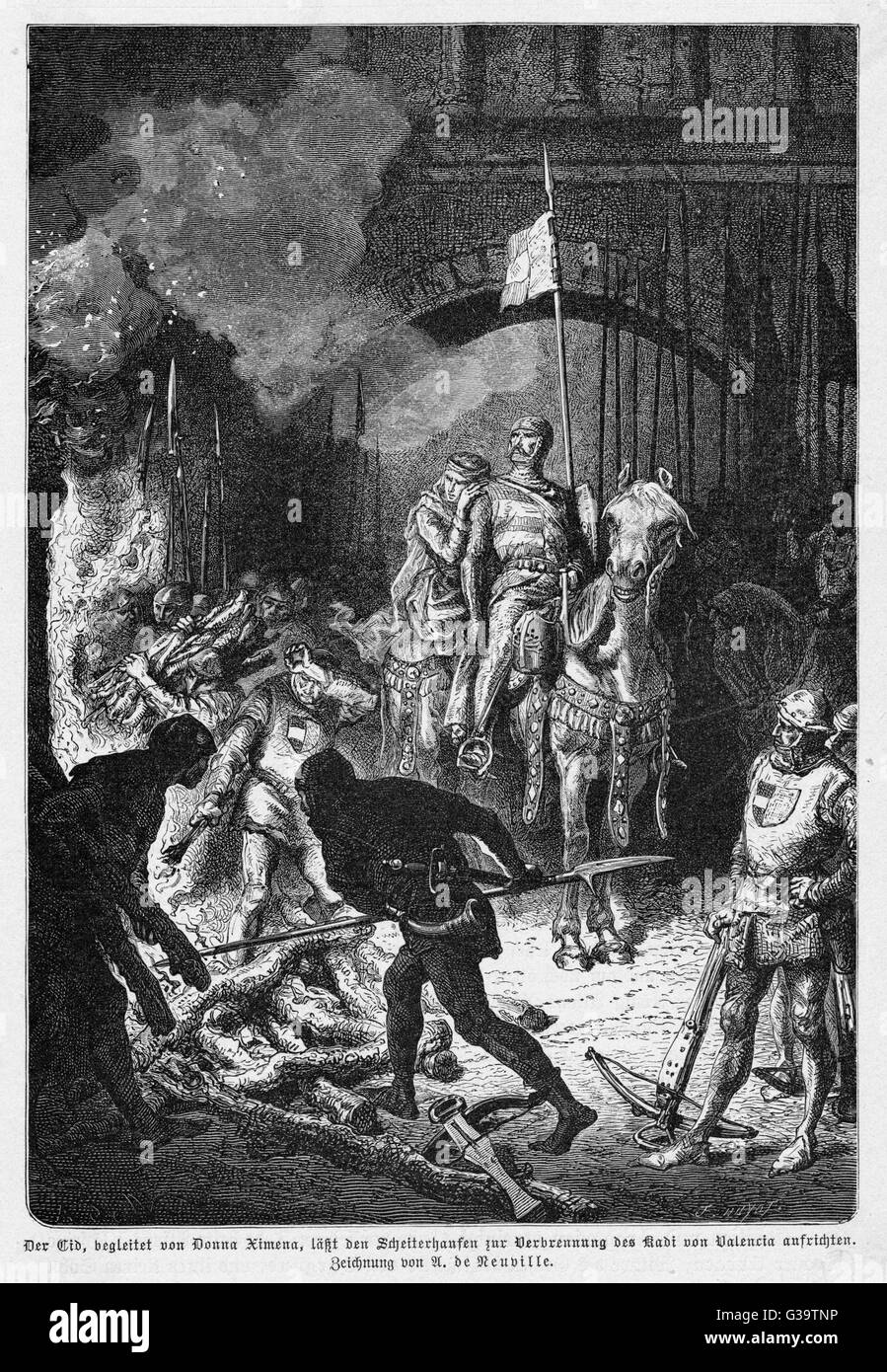 El Cid, (Roderigo Diaz de Bivar), dans la légende le héros national de l'Espagne, montres le Cadi brûler pendant sa conquête de Valence, avec son épouse donna Jimena Date : vers 1094 Banque D'Images