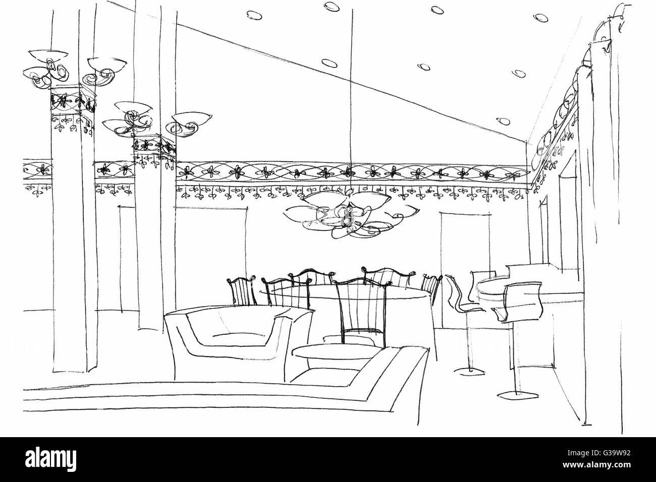 Fragment d'un graphique avec des meubles d'intérieur cafe, le matériel d'éclairage, et de la décoration Banque D'Images