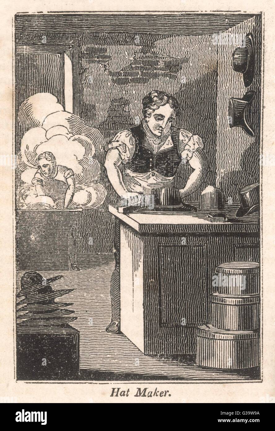Une modiste de chapeaux pour hommes. Date : 1827 Banque D'Images